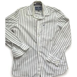 American Eagle Outfitters White Blue Striped Long Sleeve Button-Up Shirt Size L